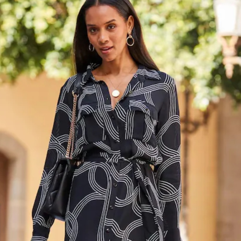 H&M Black Long-Sleeve Belted Shirtdress with White Loop Print